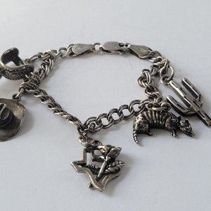 Vingage Sterling Silver 925 Texas Cowboy Themed Charm Bracelet 6.5"